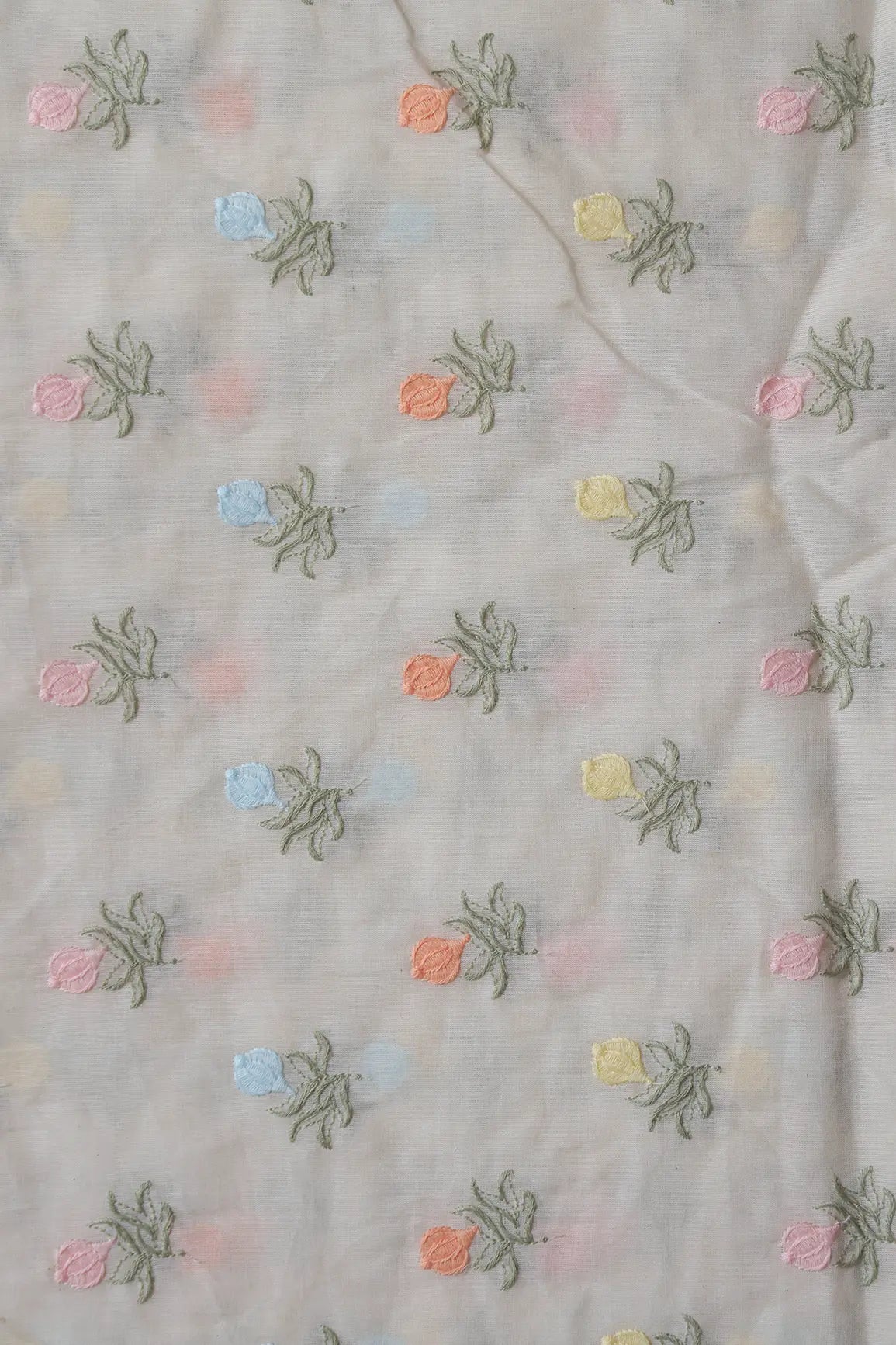 Pastel Thread Floral Butta Embroidery On Off White Organic Cotton Fabric