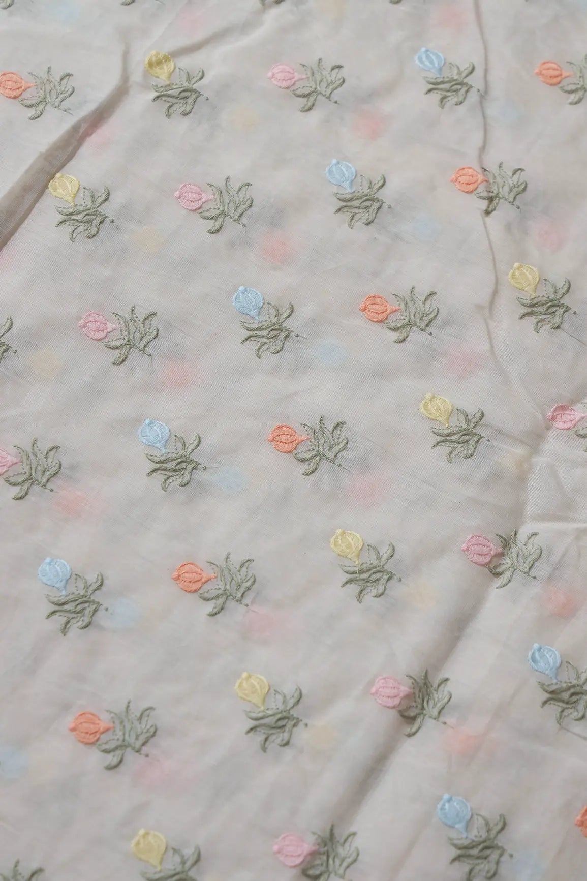 Pastel Thread Floral Butta Embroidery On Off White Organic Cotton Fabric