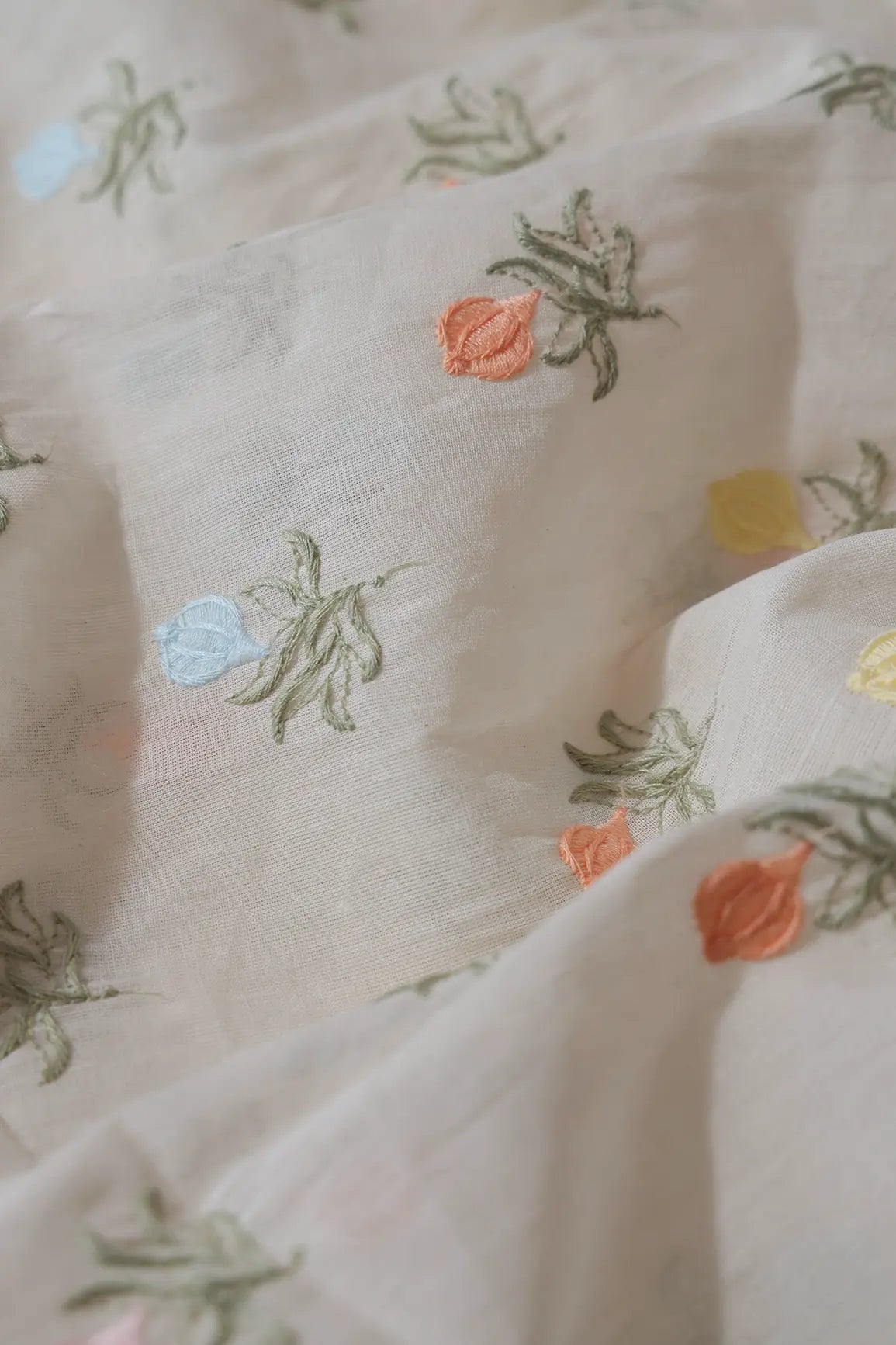 Pastel Thread Floral Butta Embroidery On Off White Organic Cotton Fabric