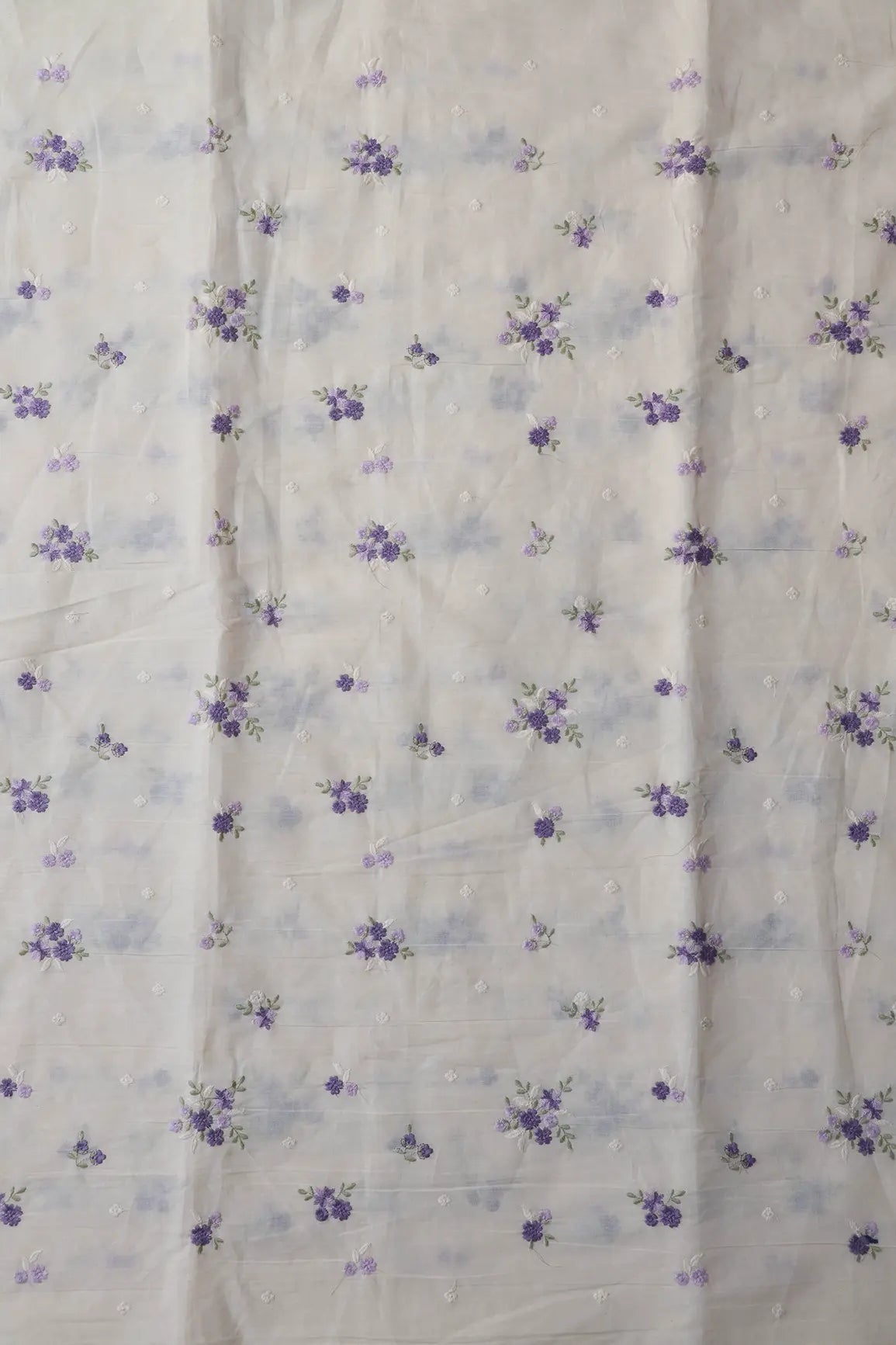 Purple And Lilac Thread Beautiful Floral Embroidery On Off White Organic Cotton Fabric