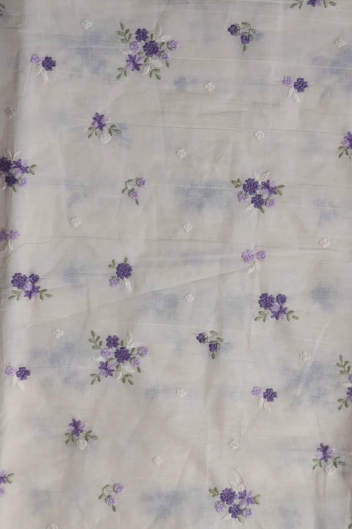 Purple And Lilac Thread Beautiful Floral Embroidery On Off White Organic Cotton Fabric