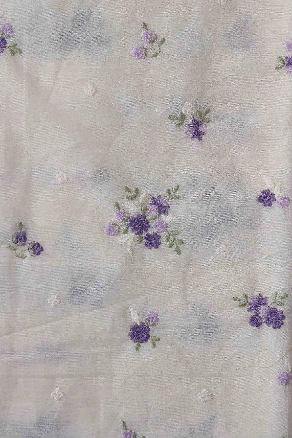 Purple And Lilac Thread Beautiful Floral Embroidery On Off White Organic Cotton Fabric