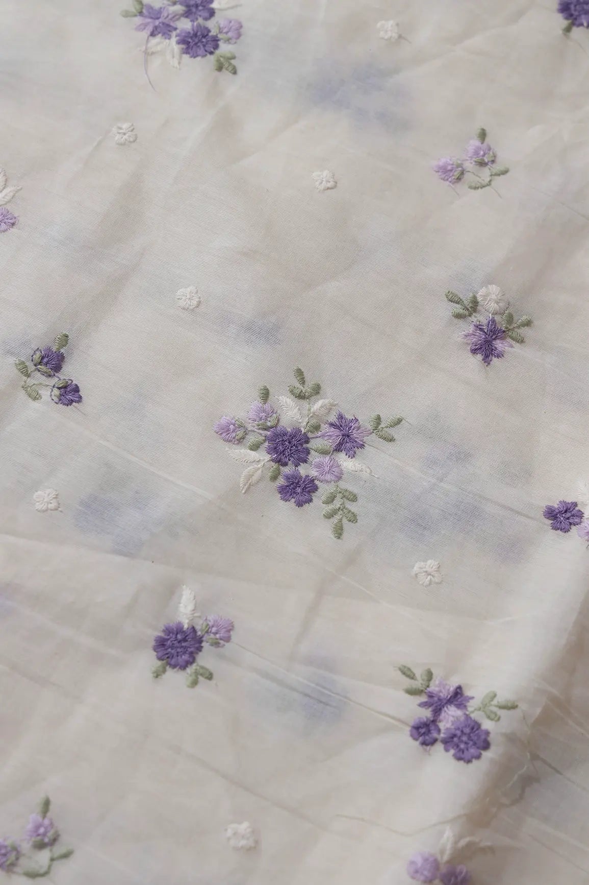 Purple And Lilac Thread Beautiful Floral Embroidery On Off White Organic Cotton Fabric