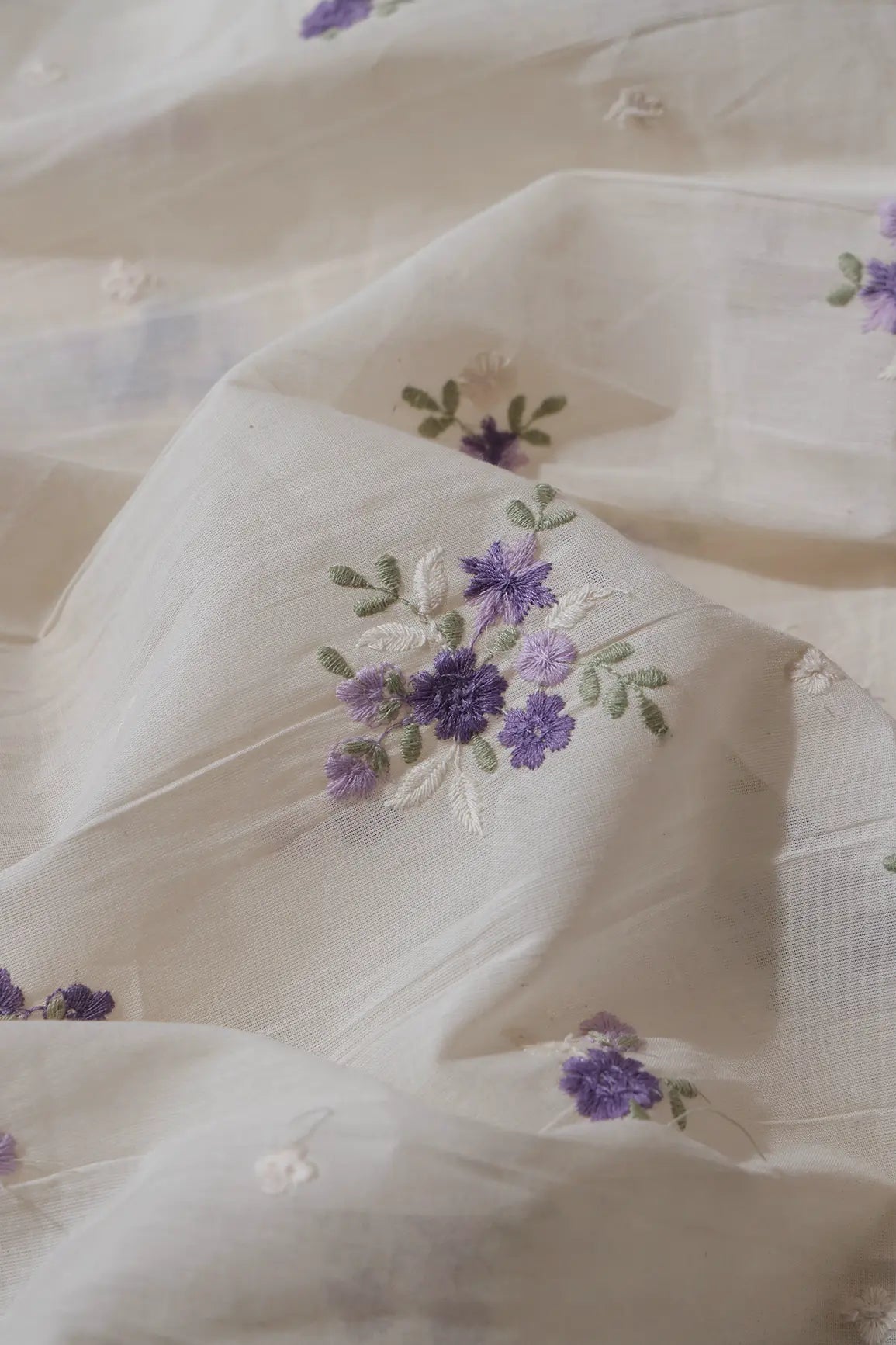 Purple And Lilac Thread Beautiful Floral Embroidery On Off White Organic Cotton Fabric