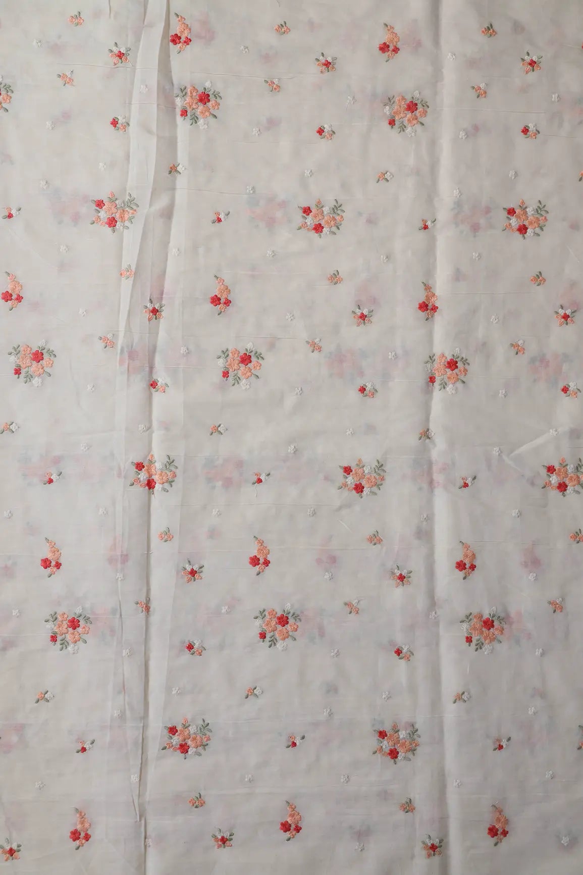 Red And Peach Thread Beautiful Floral Embroidery On Off White Organic Cotton Fabric