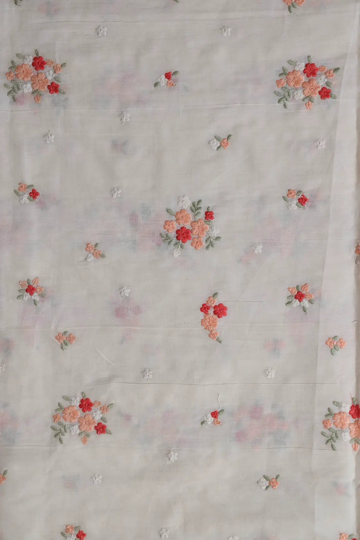 Red And Peach Thread Beautiful Floral Embroidery On Off White Organic Cotton Fabric