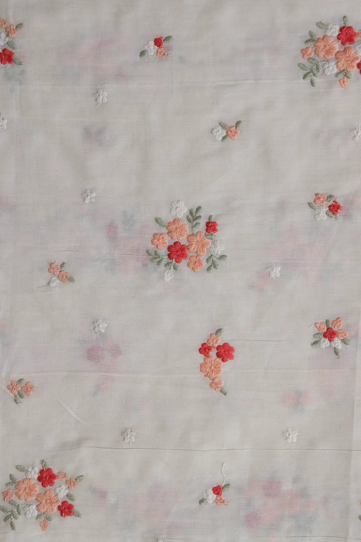 Red And Peach Thread Beautiful Floral Embroidery On Off White Organic Cotton Fabric