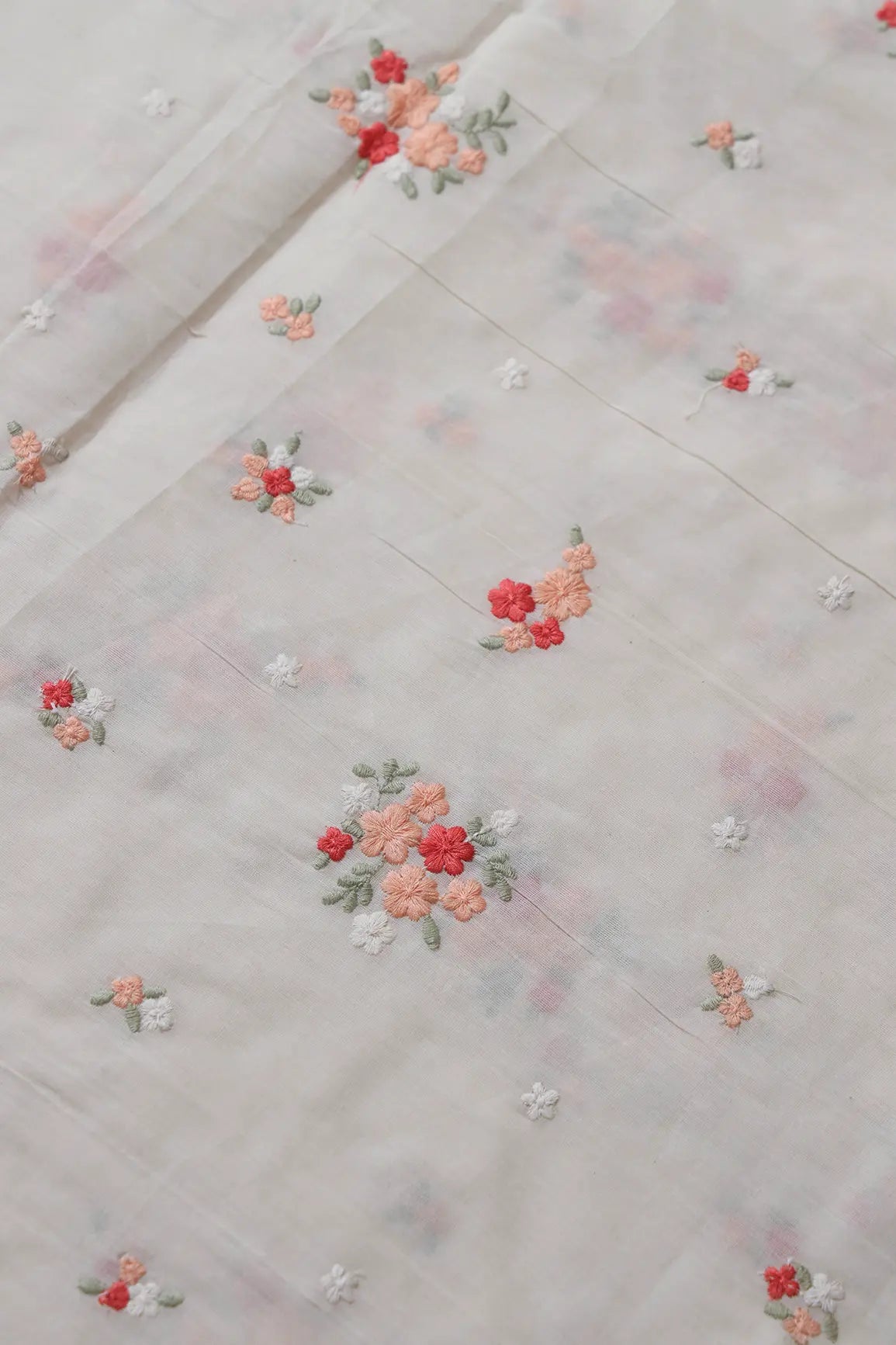 Red And Peach Thread Beautiful Floral Embroidery On Off White Organic Cotton Fabric