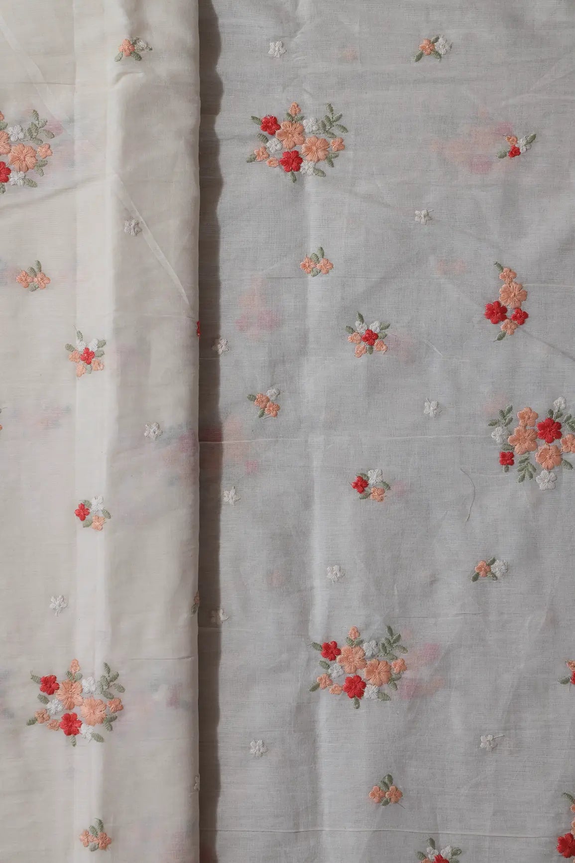 Red And Peach Thread Beautiful Floral Embroidery On Off White Organic Cotton Fabric