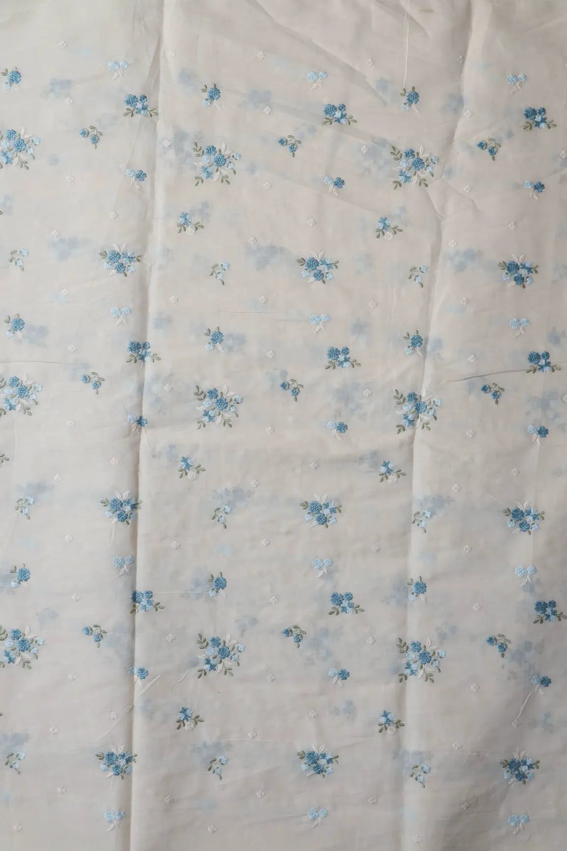 Sky Blue And Olive Thread Beautiful Floral Embroidery On Off White Organic Cotton Fabric