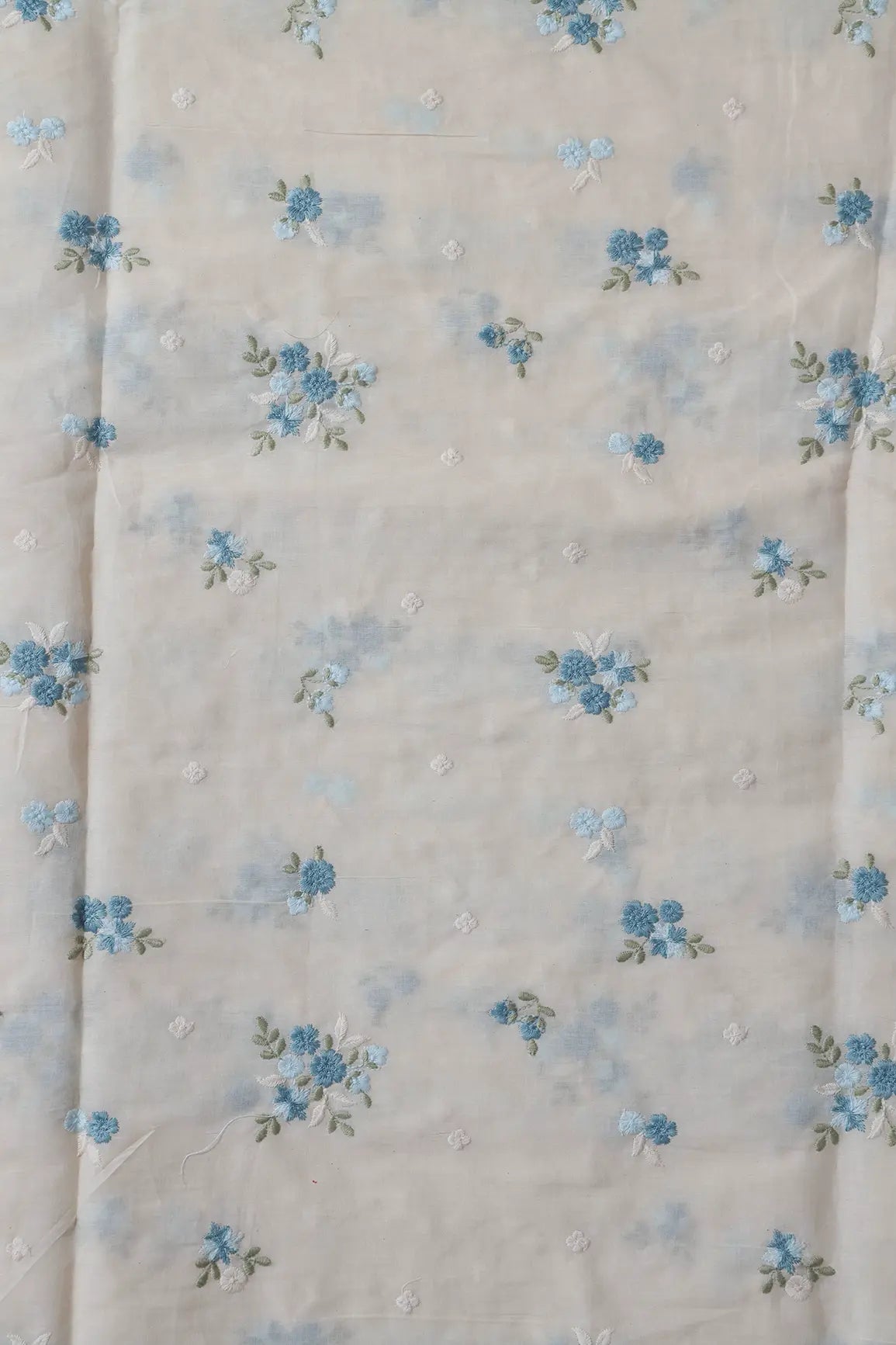 Sky Blue And Olive Thread Beautiful Floral Embroidery On Off White Organic Cotton Fabric