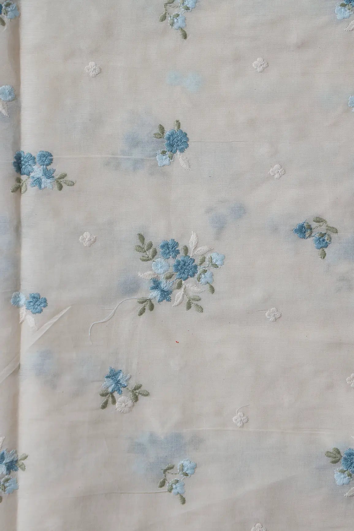 Sky Blue And Olive Thread Beautiful Floral Embroidery On Off White Organic Cotton Fabric