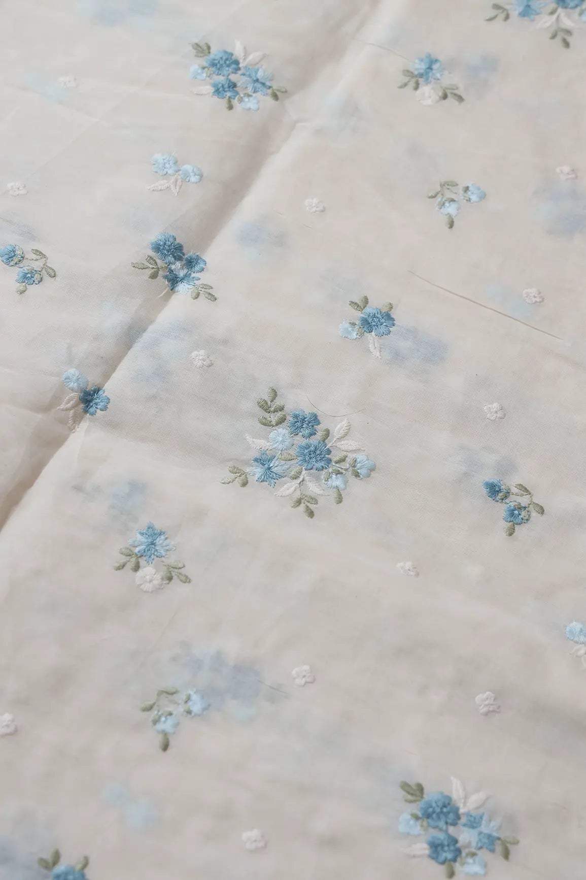 Sky Blue And Olive Thread Beautiful Floral Embroidery On Off White Organic Cotton Fabric