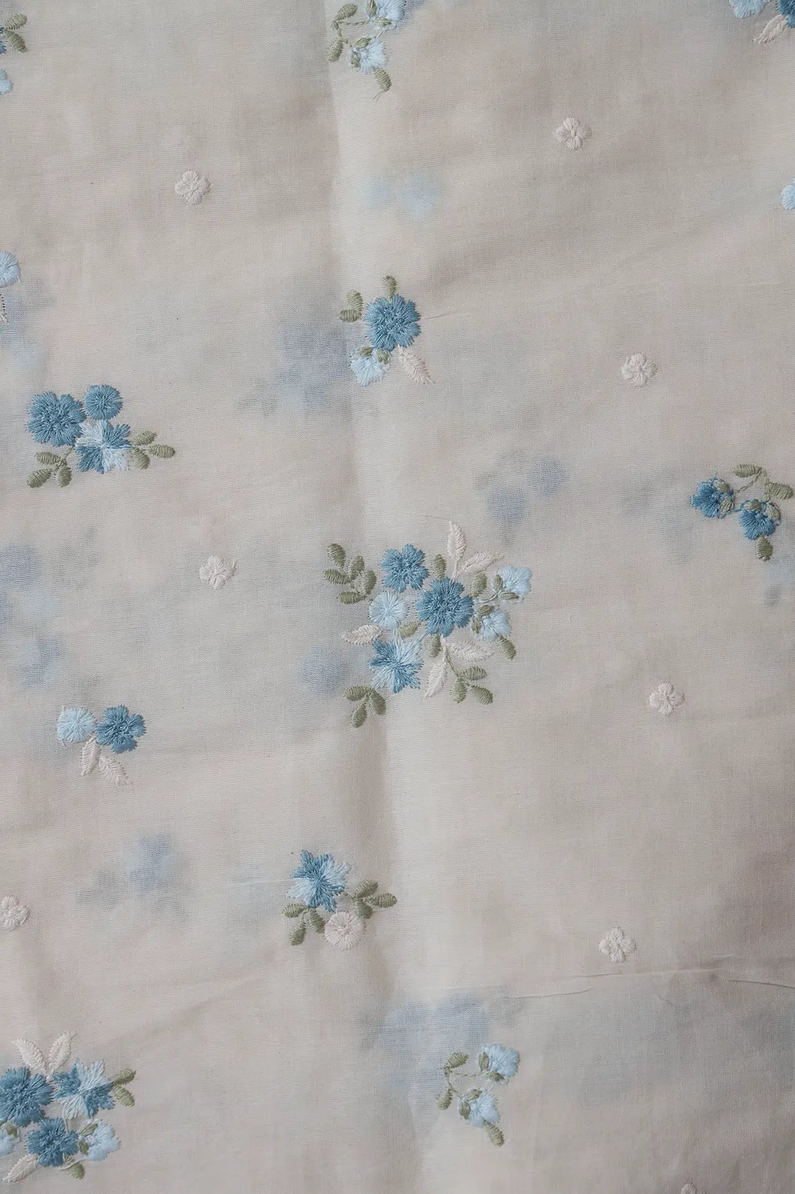 Sky Blue And Olive Thread Beautiful Floral Embroidery On Off White Organic Cotton Fabric