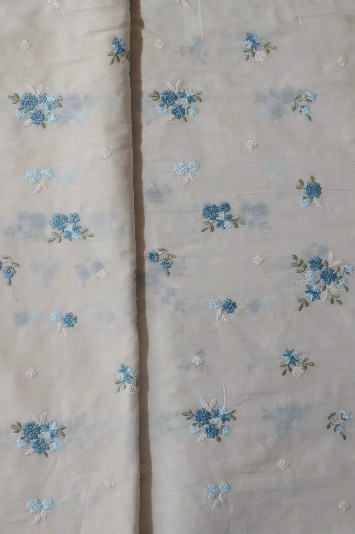 Sky Blue And Olive Thread Beautiful Floral Embroidery On Off White Organic Cotton Fabric