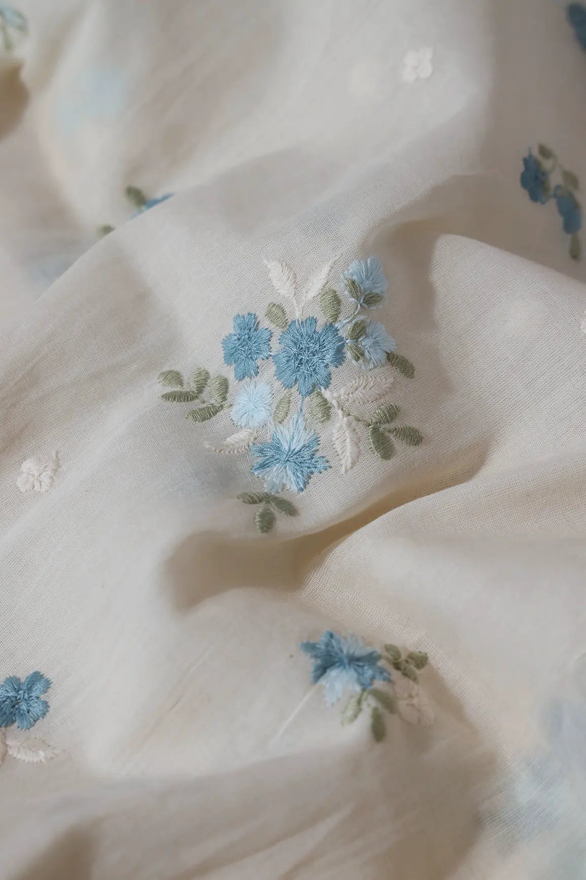 Sky Blue And Olive Thread Beautiful Floral Embroidery On Off White Organic Cotton Fabric