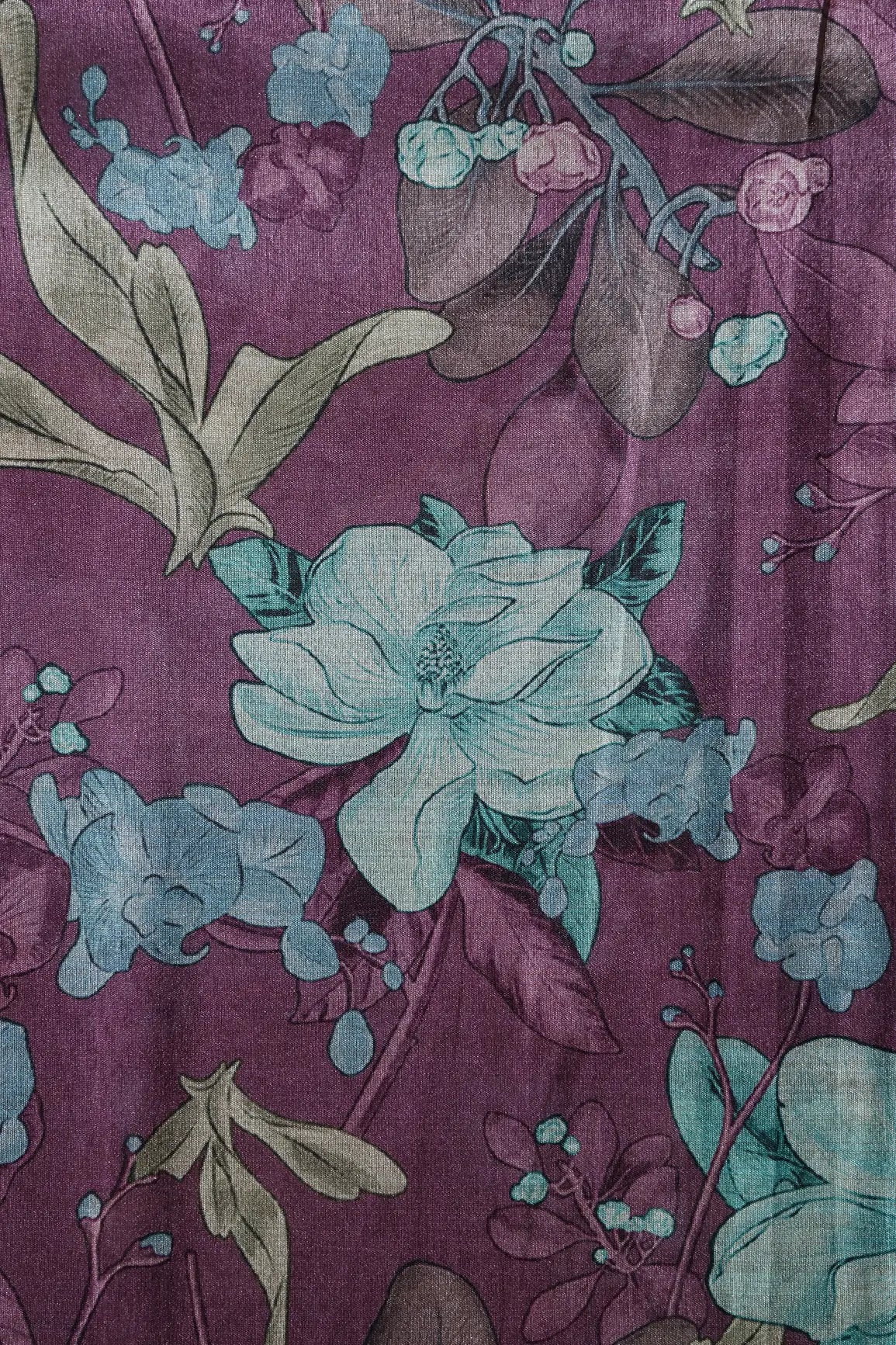 Purple And Multi Color Floral Pattern Digital Print On Mulberry Silk Fabric