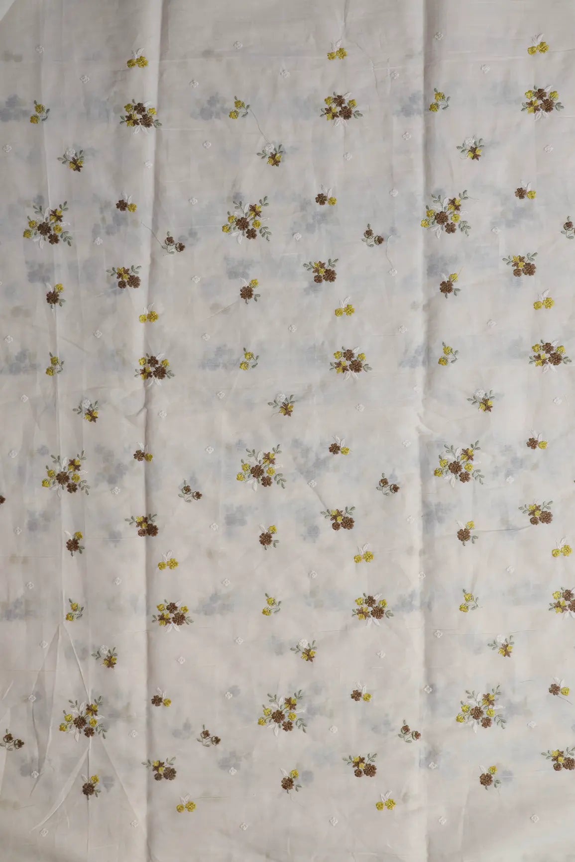 Brown And Yellow Thread Beautiful Floral Embroidery On Off White Organic Cotton Fabric