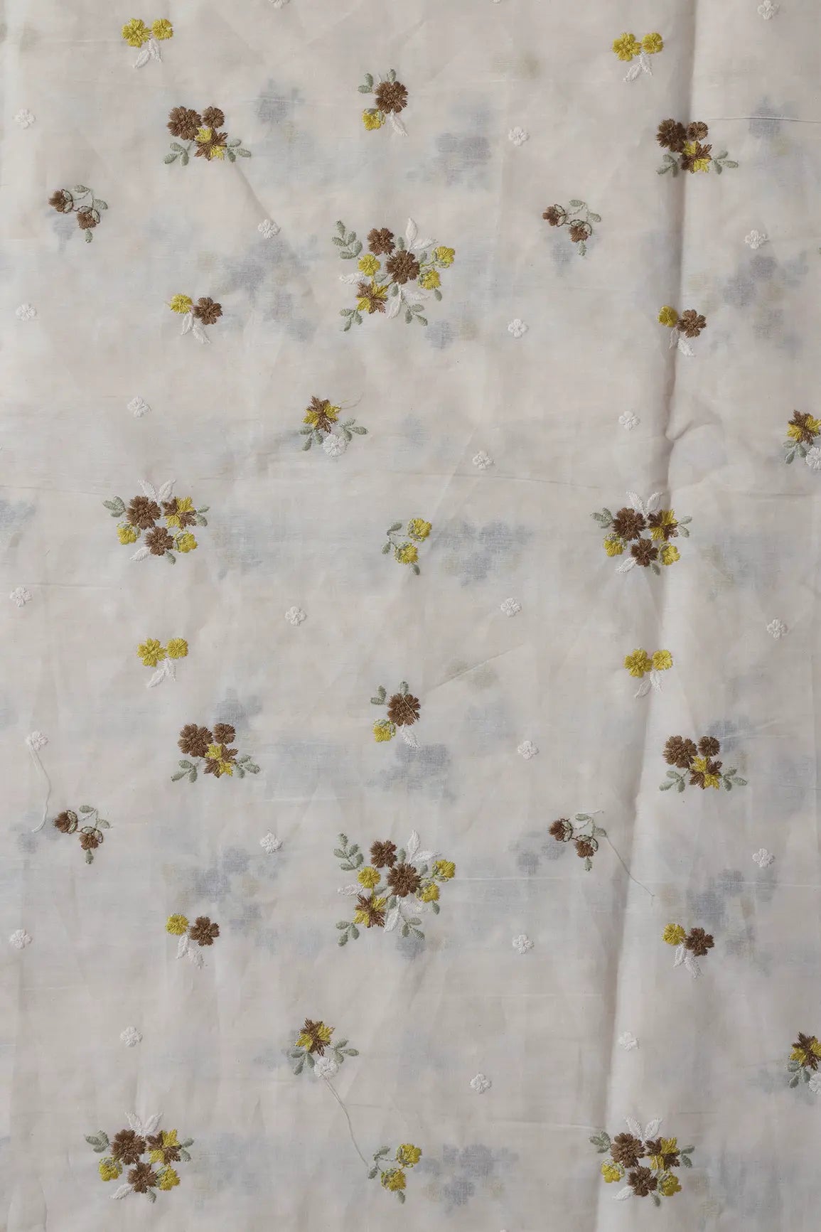 Brown And Yellow Thread Beautiful Floral Embroidery On Off White Organic Cotton Fabric