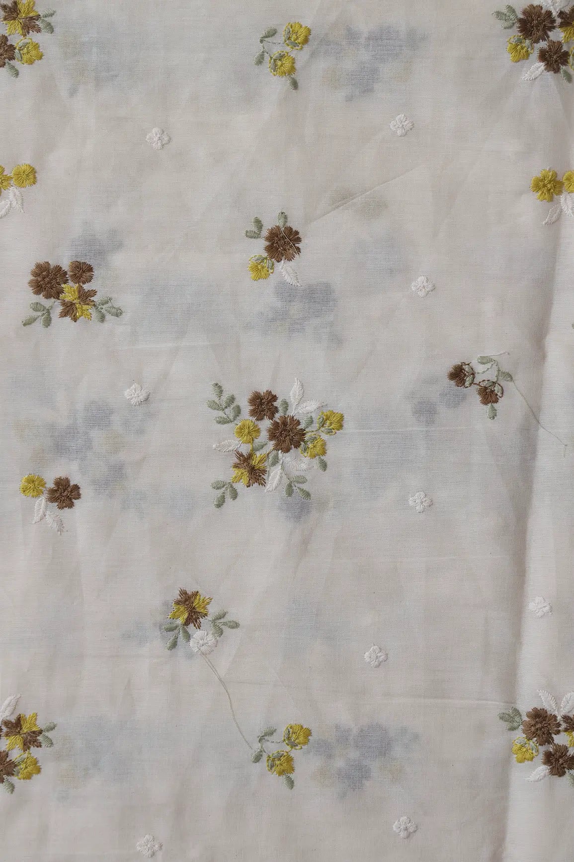 Brown And Yellow Thread Beautiful Floral Embroidery On Off White Organic Cotton Fabric