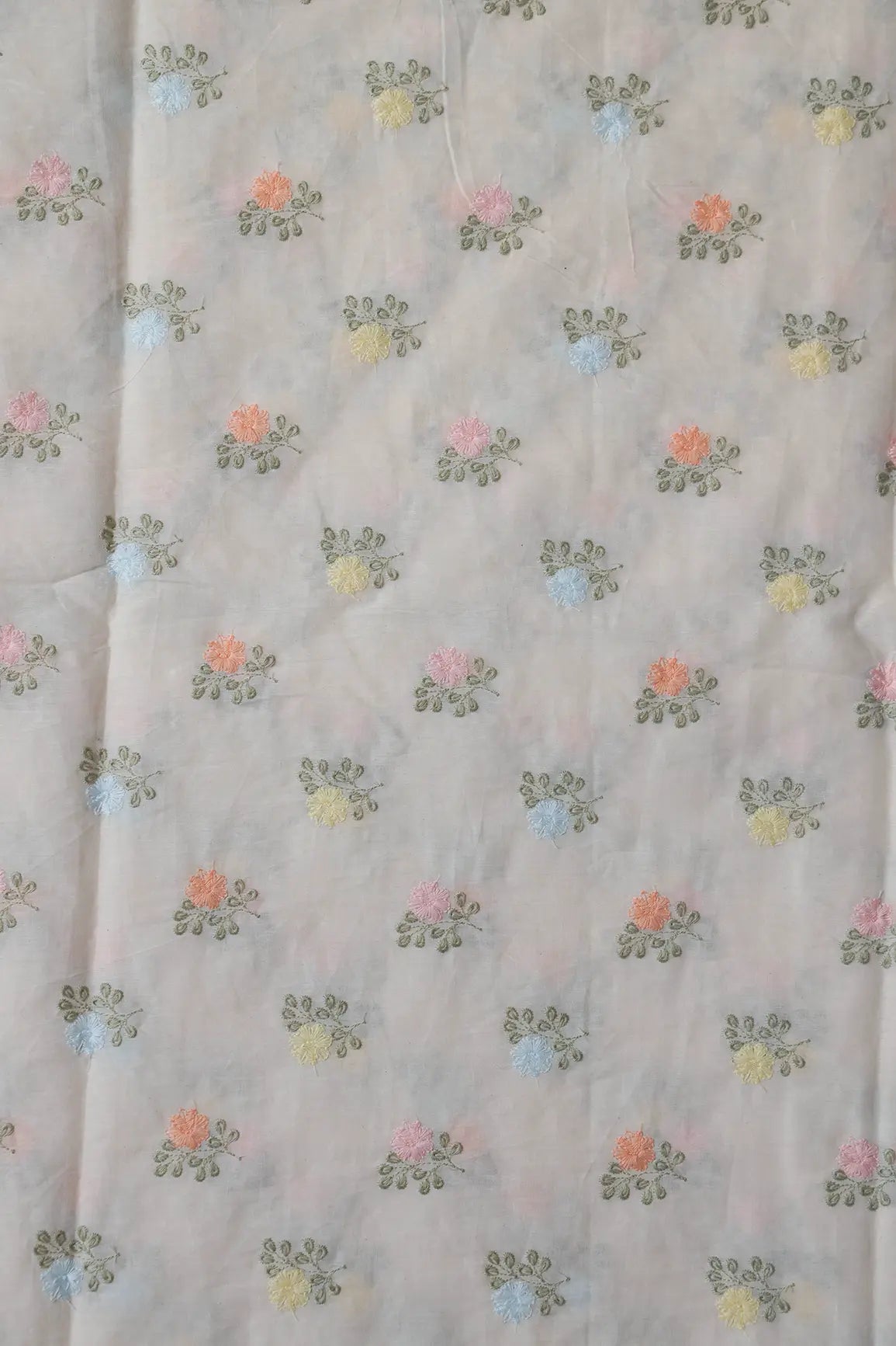 Beautiful Pastel Thread Floral Butta Embroidery On Off White Organic Cotton Fabric