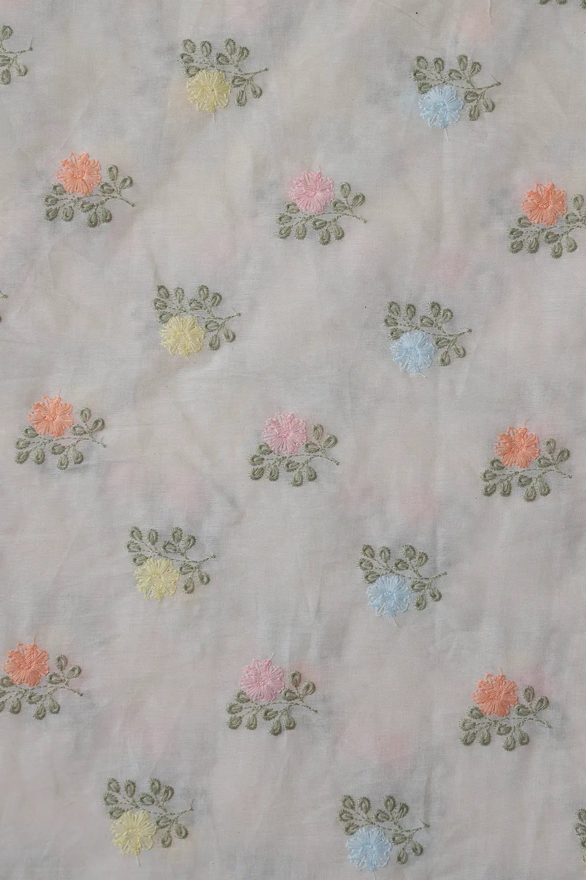 Beautiful Pastel Thread Floral Butta Embroidery On Off White Organic Cotton Fabric