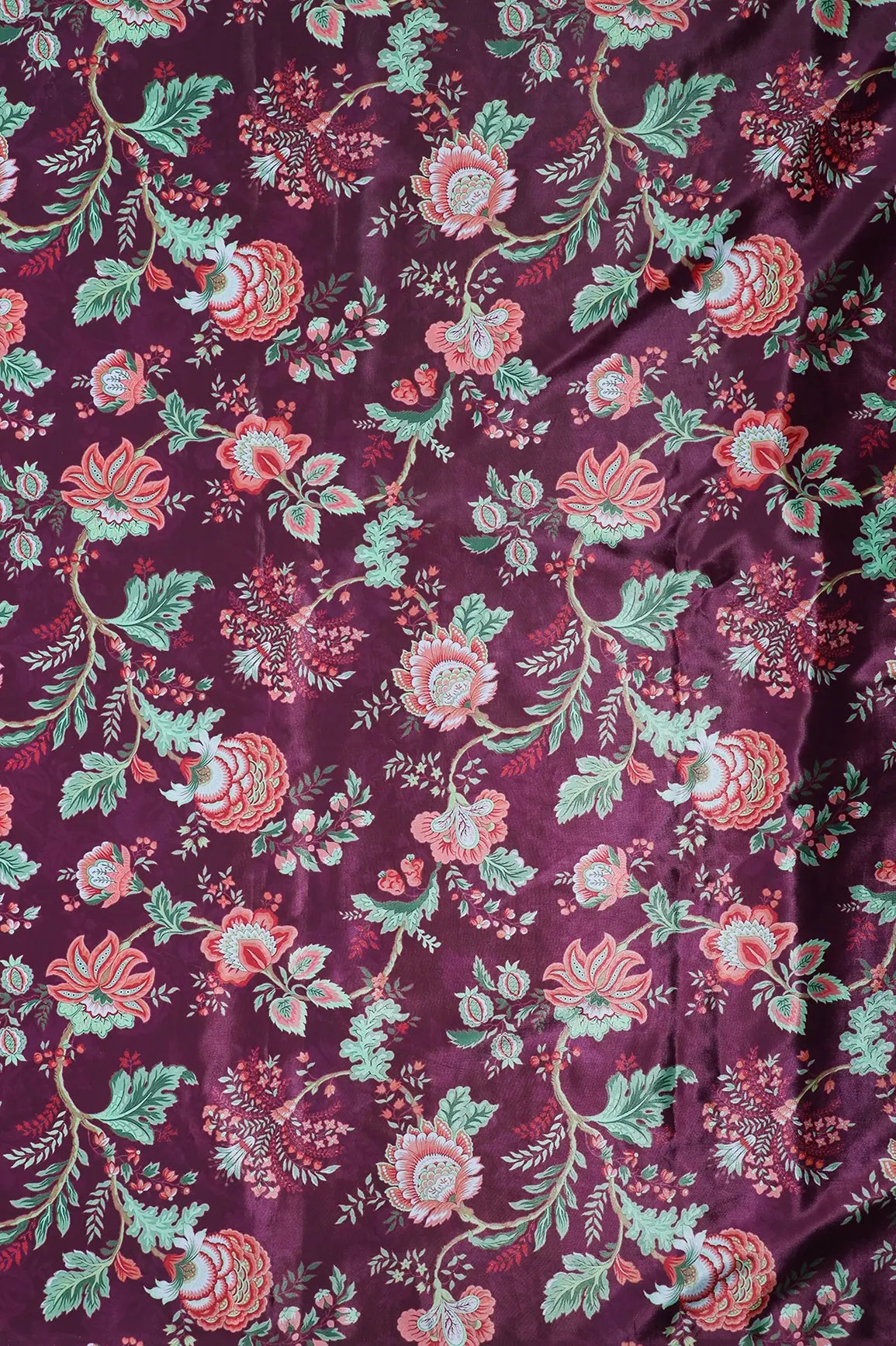 Multi Color Floral Pattern Digital Print On Wine Crepe Fabric