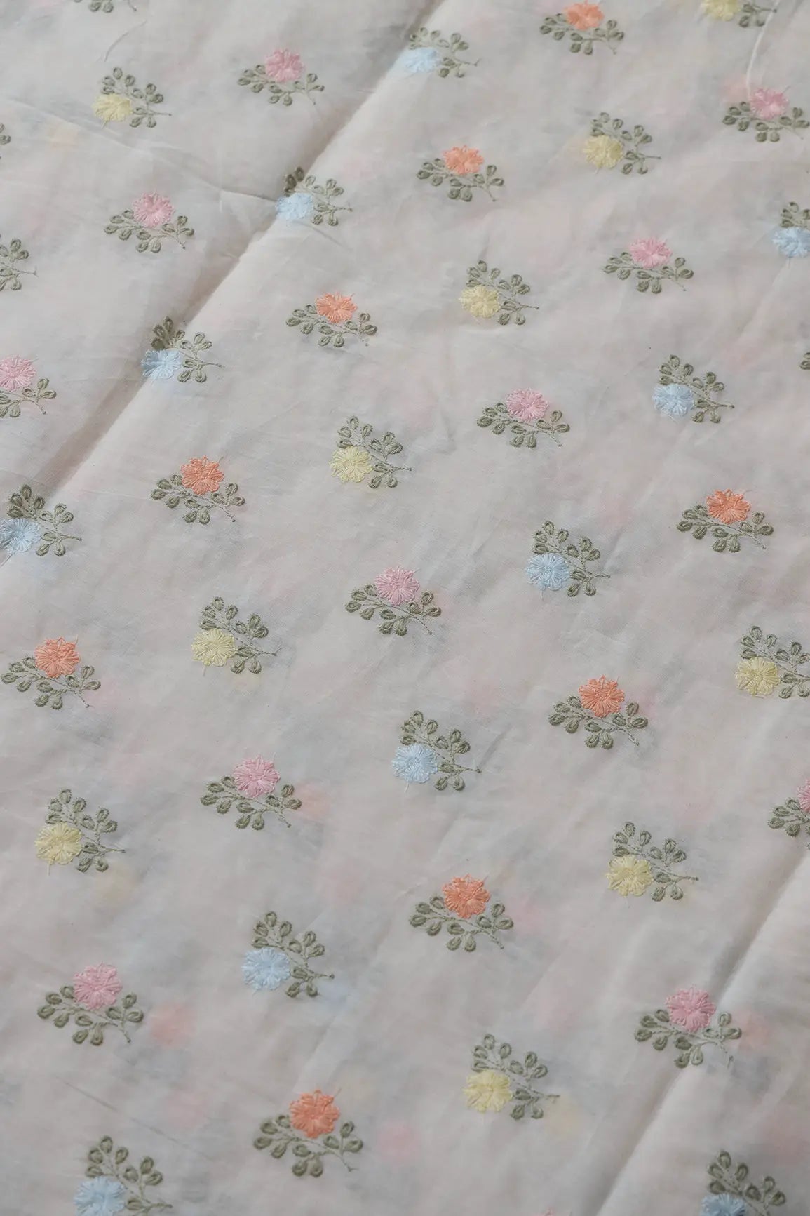 Beautiful Pastel Thread Floral Butta Embroidery On Off White Organic Cotton Fabric