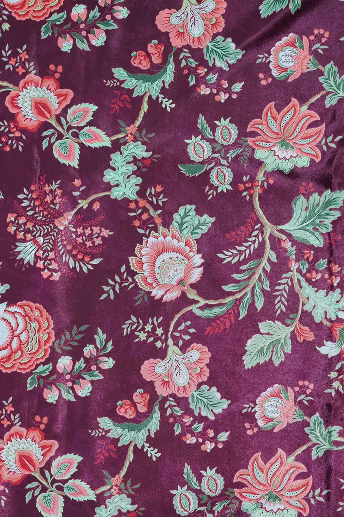 Multi Color Floral Pattern Digital Print On Wine Crepe Fabric