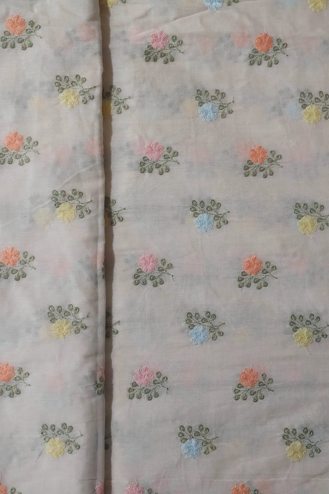 Beautiful Pastel Thread Floral Butta Embroidery On Off White Organic Cotton Fabric