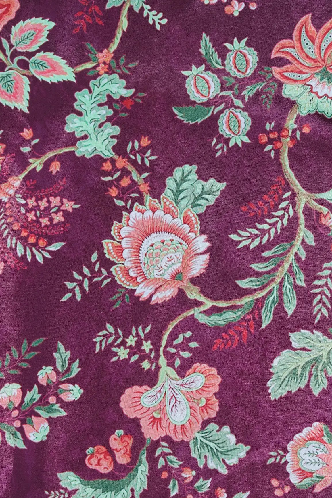 Multi Color Floral Pattern Digital Print On Wine Crepe Fabric