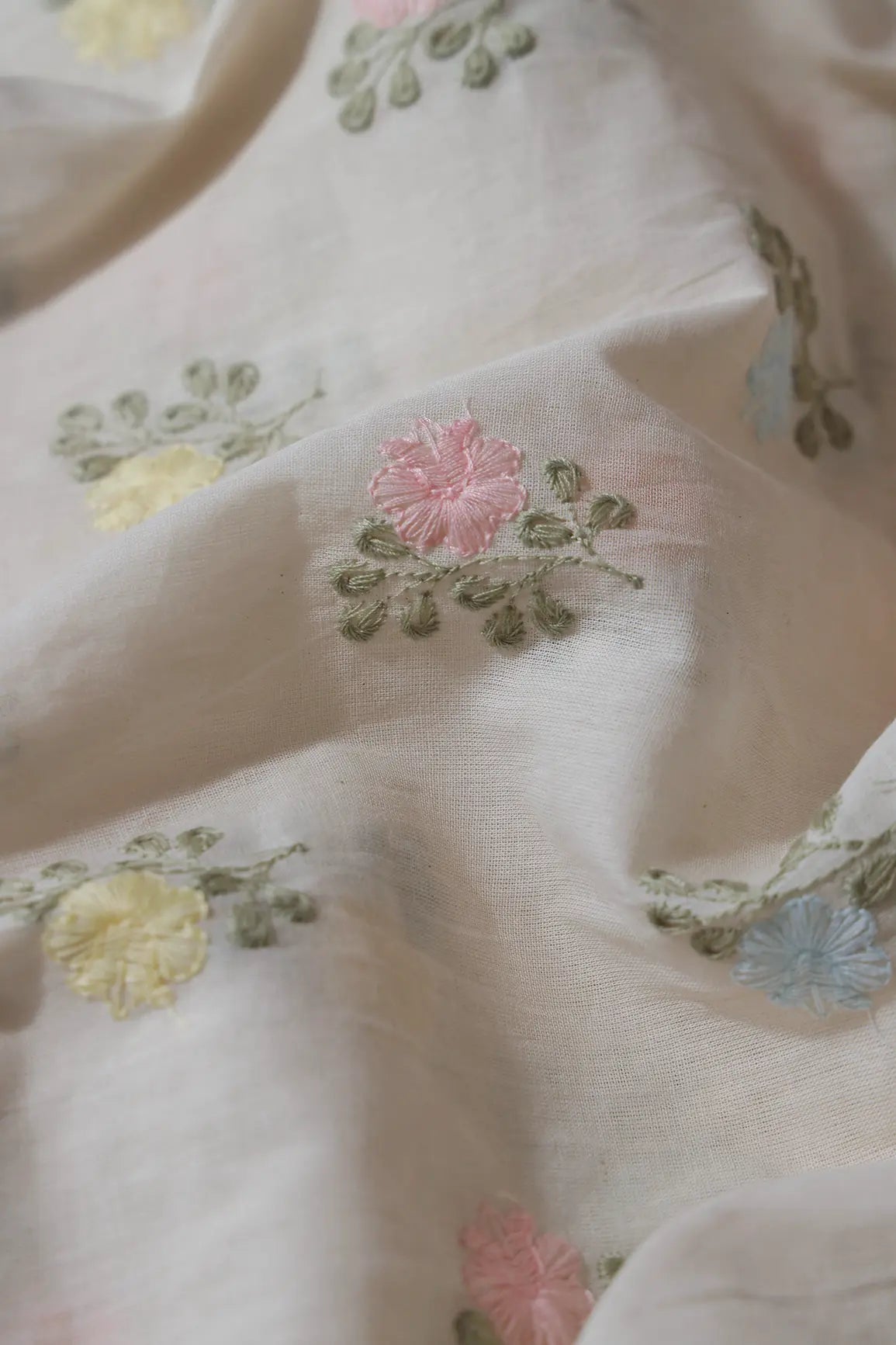 Beautiful Pastel Thread Floral Butta Embroidery On Off White Organic Cotton Fabric