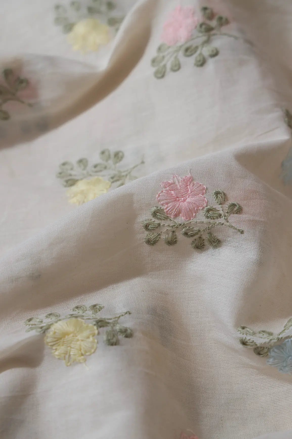 Beautiful Pastel Thread Floral Butta Embroidery On Off White Organic Cotton Fabric