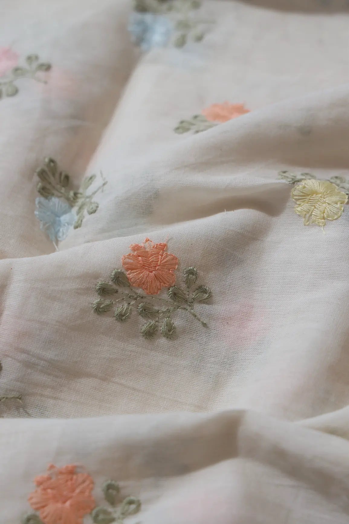 Beautiful Pastel Thread Floral Butta Embroidery On Off White Organic Cotton Fabric