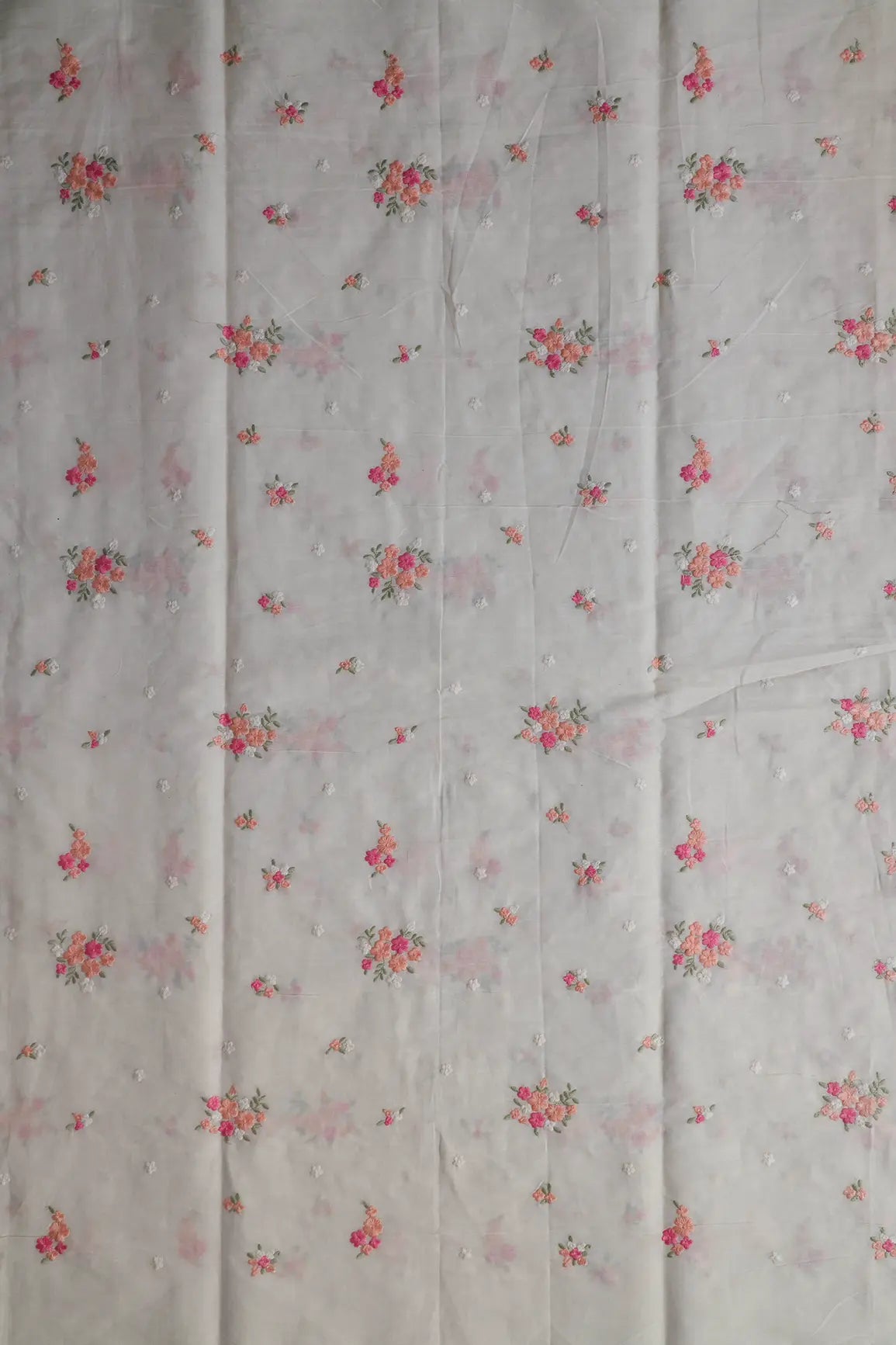 Pink And Peach Thread Beautiful Floral Embroidery On Off White Organic Cotton Fabric