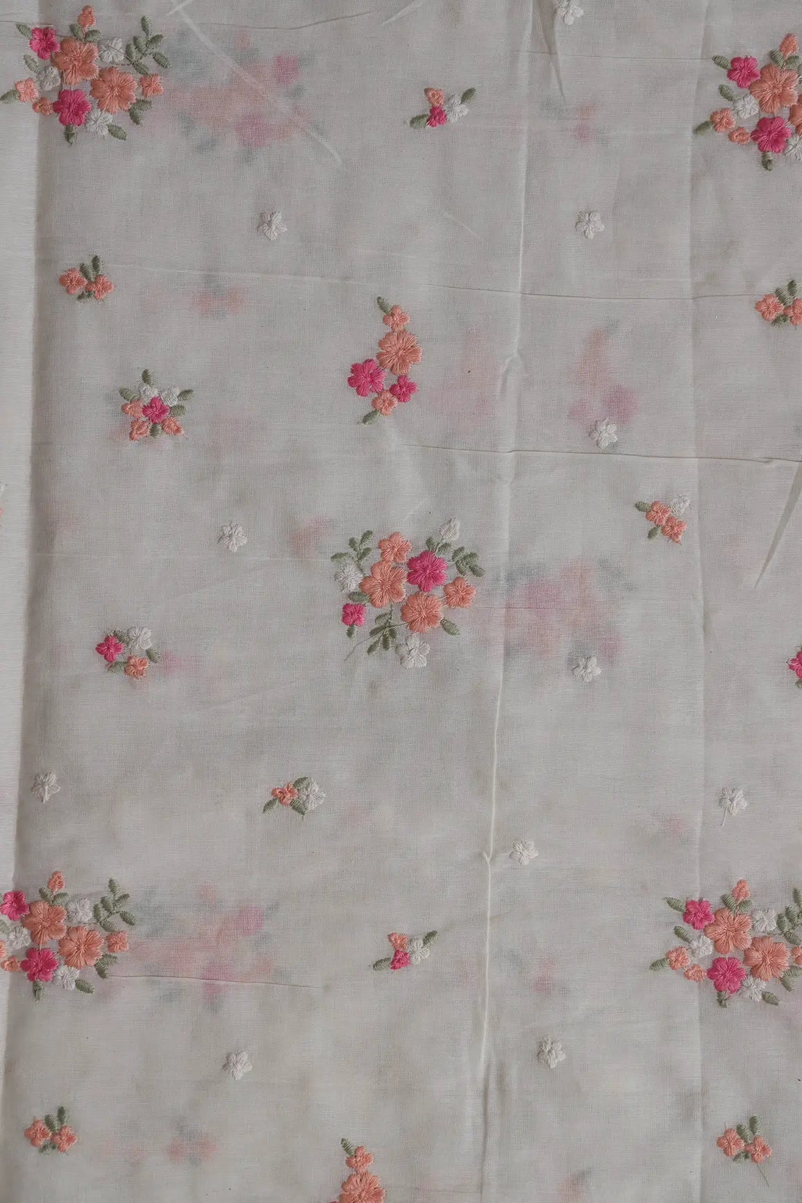 Pink And Peach Thread Beautiful Floral Embroidery On Off White Organic Cotton Fabric