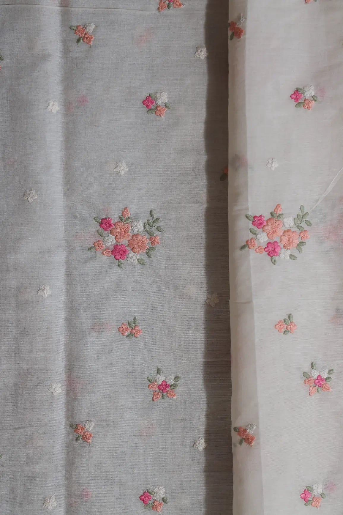 Pink And Peach Thread Beautiful Floral Embroidery On Off White Organic Cotton Fabric