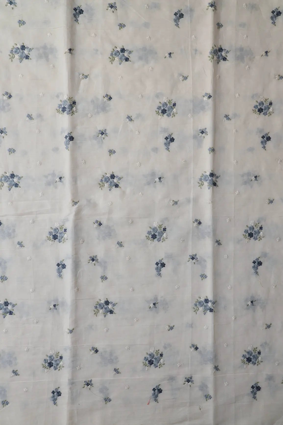 Dark Blue And Olive Thread Beautiful Floral Embroidery On Off White Organic Cotton Fabric