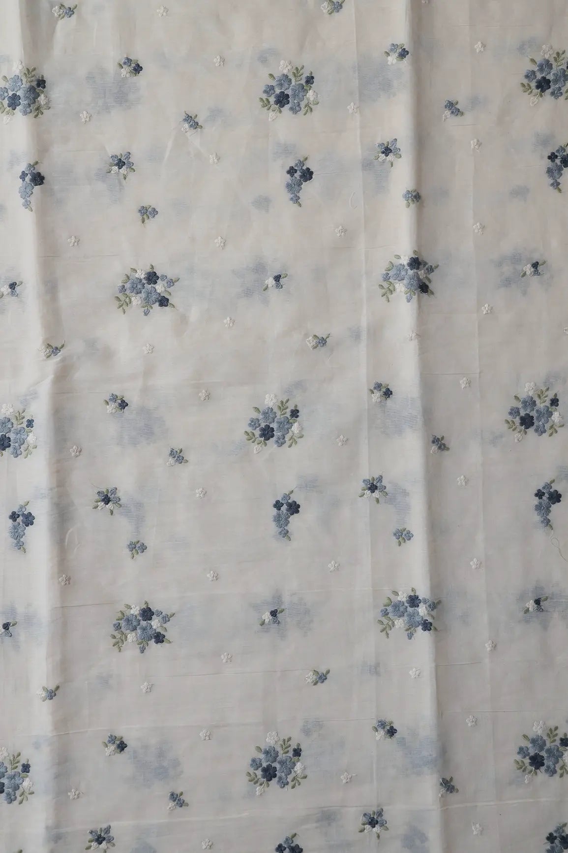 Dark Blue And Olive Thread Beautiful Floral Embroidery On Off White Organic Cotton Fabric