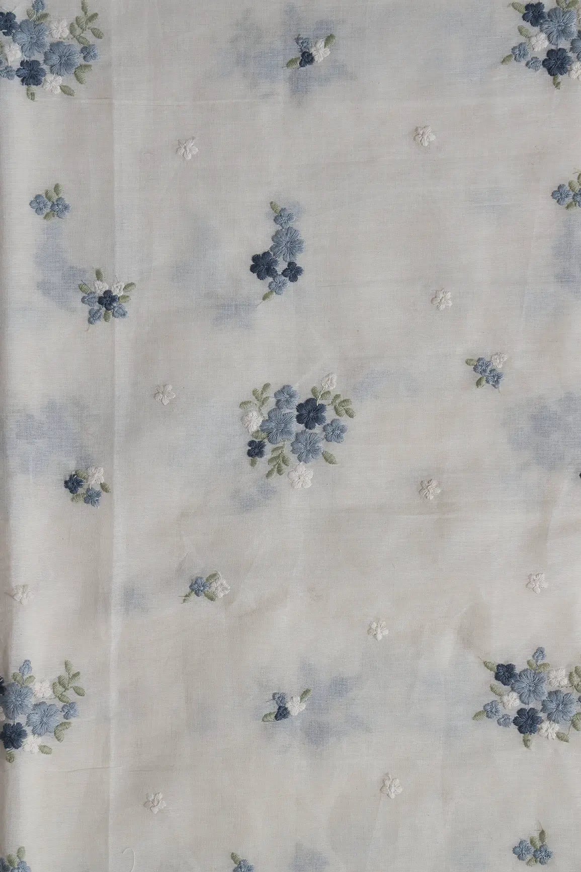 Dark Blue And Olive Thread Beautiful Floral Embroidery On Off White Organic Cotton Fabric