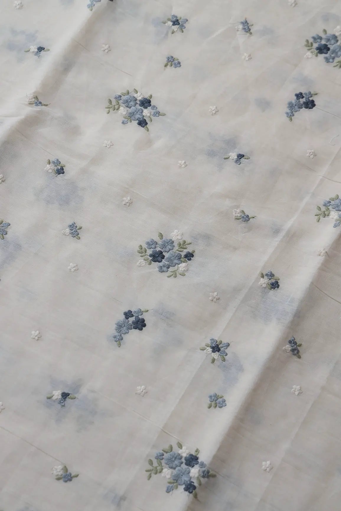 Dark Blue And Olive Thread Beautiful Floral Embroidery On Off White Organic Cotton Fabric