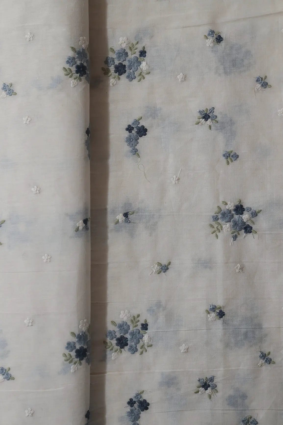 Dark Blue And Olive Thread Beautiful Floral Embroidery On Off White Organic Cotton Fabric