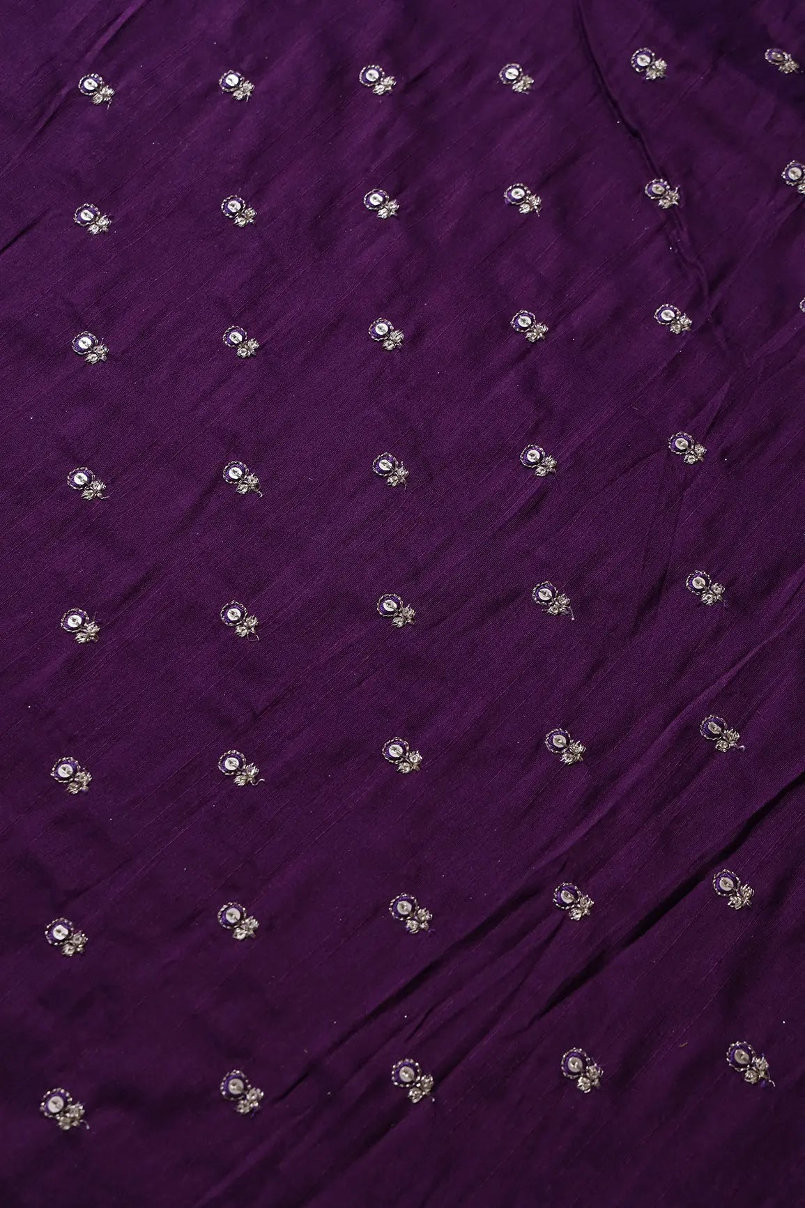 Purple Thread With Gold Sequins Small Floral Booti Embroidery On Purple Raw Silk Fabric