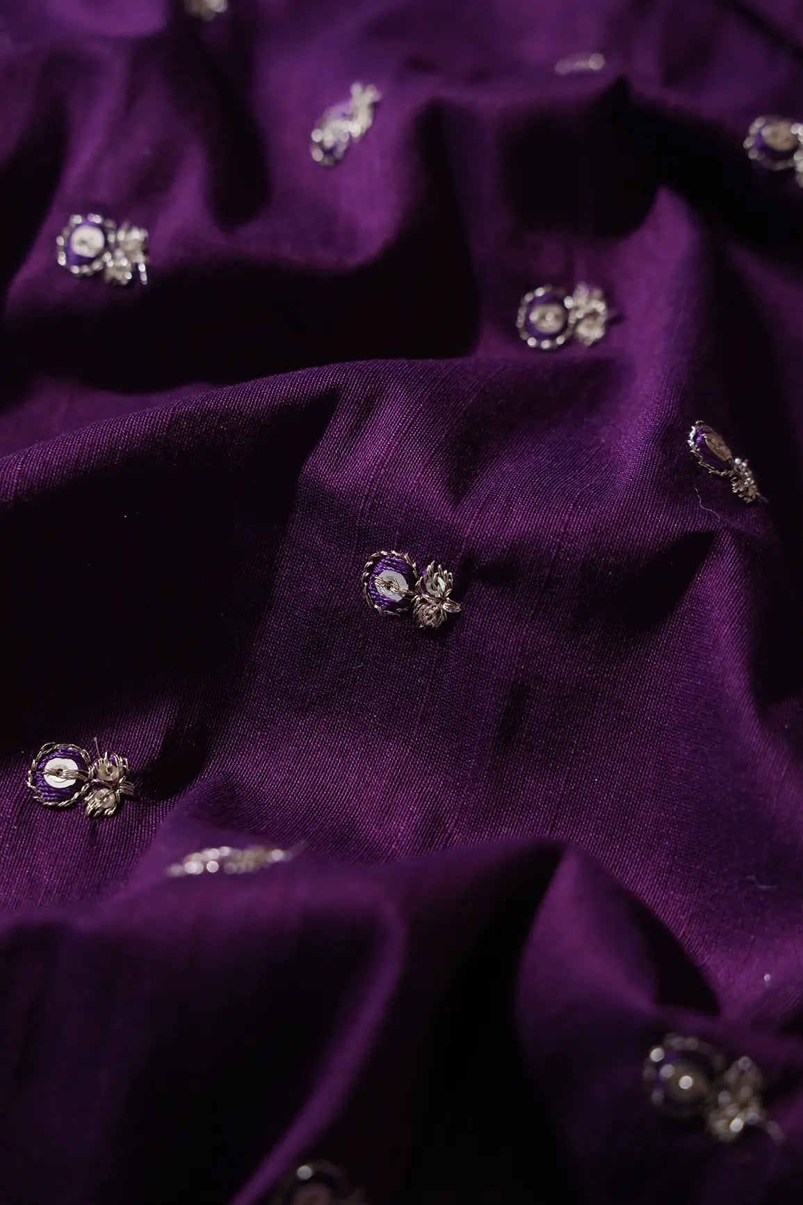 Purple Thread With Gold Sequins Small Floral Booti Embroidery On Purple Raw Silk Fabric