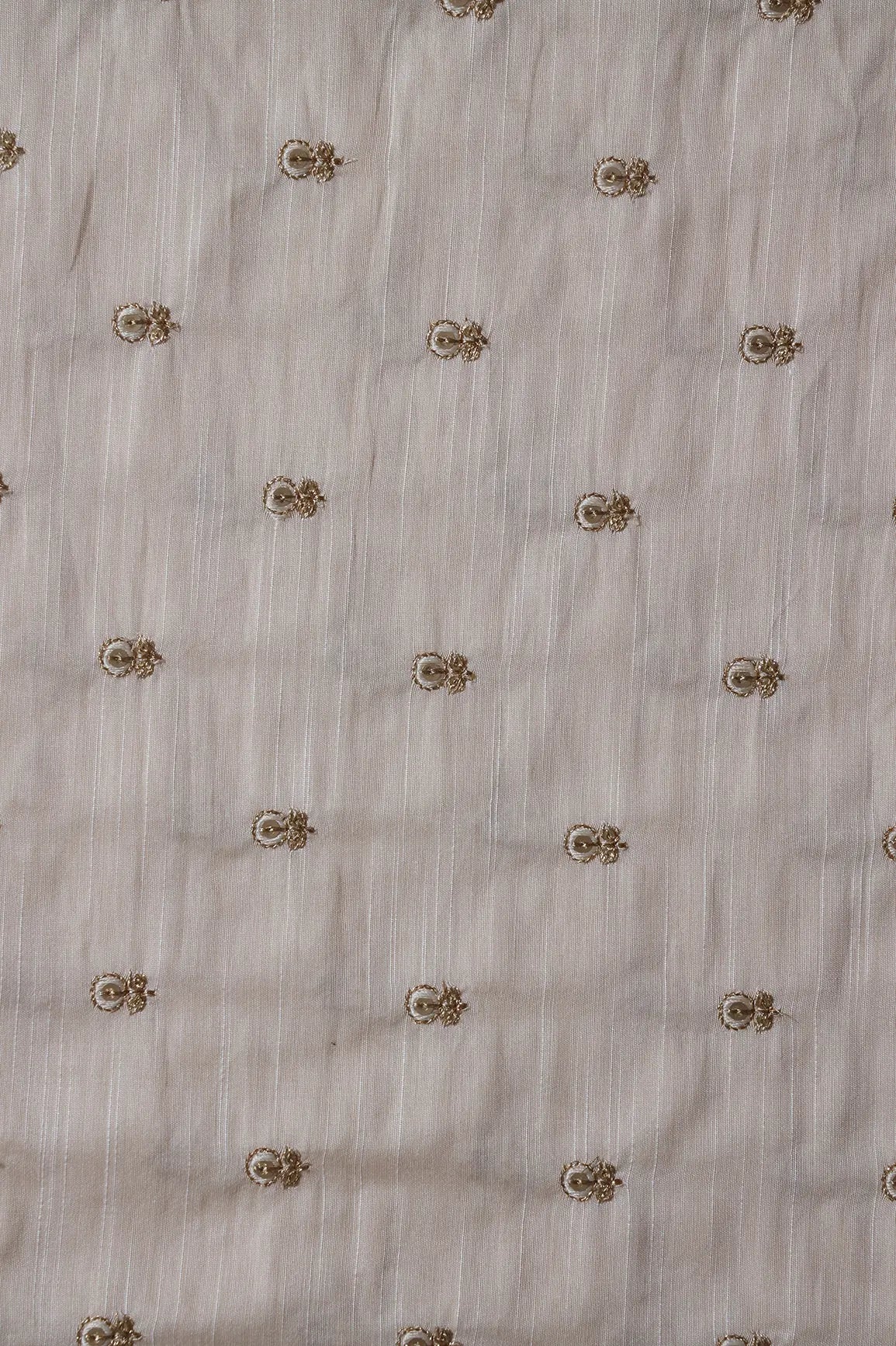 White Thread With Gold Sequins Small Floral Booti Embroidery On Off White Raw Silk Fabric