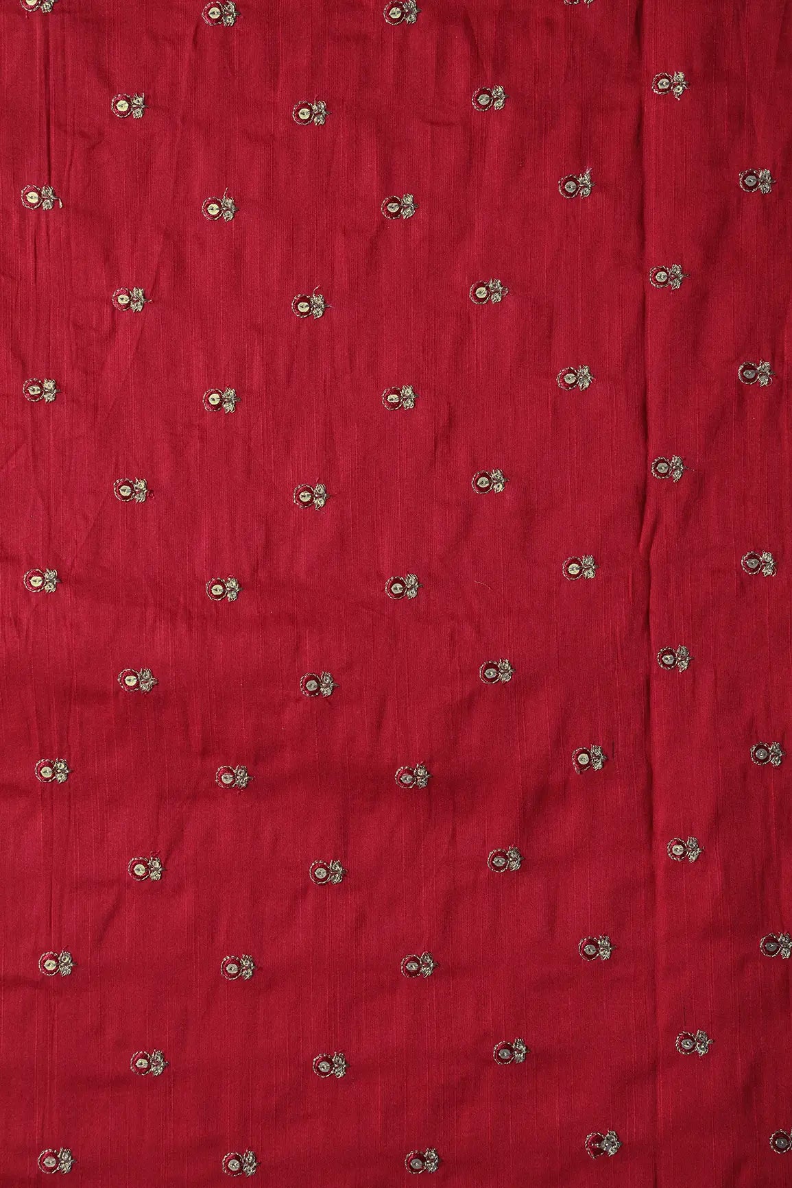 Red Thread With Gold Sequins Small Floral Booti Embroidery On Red Raw Silk Fabric