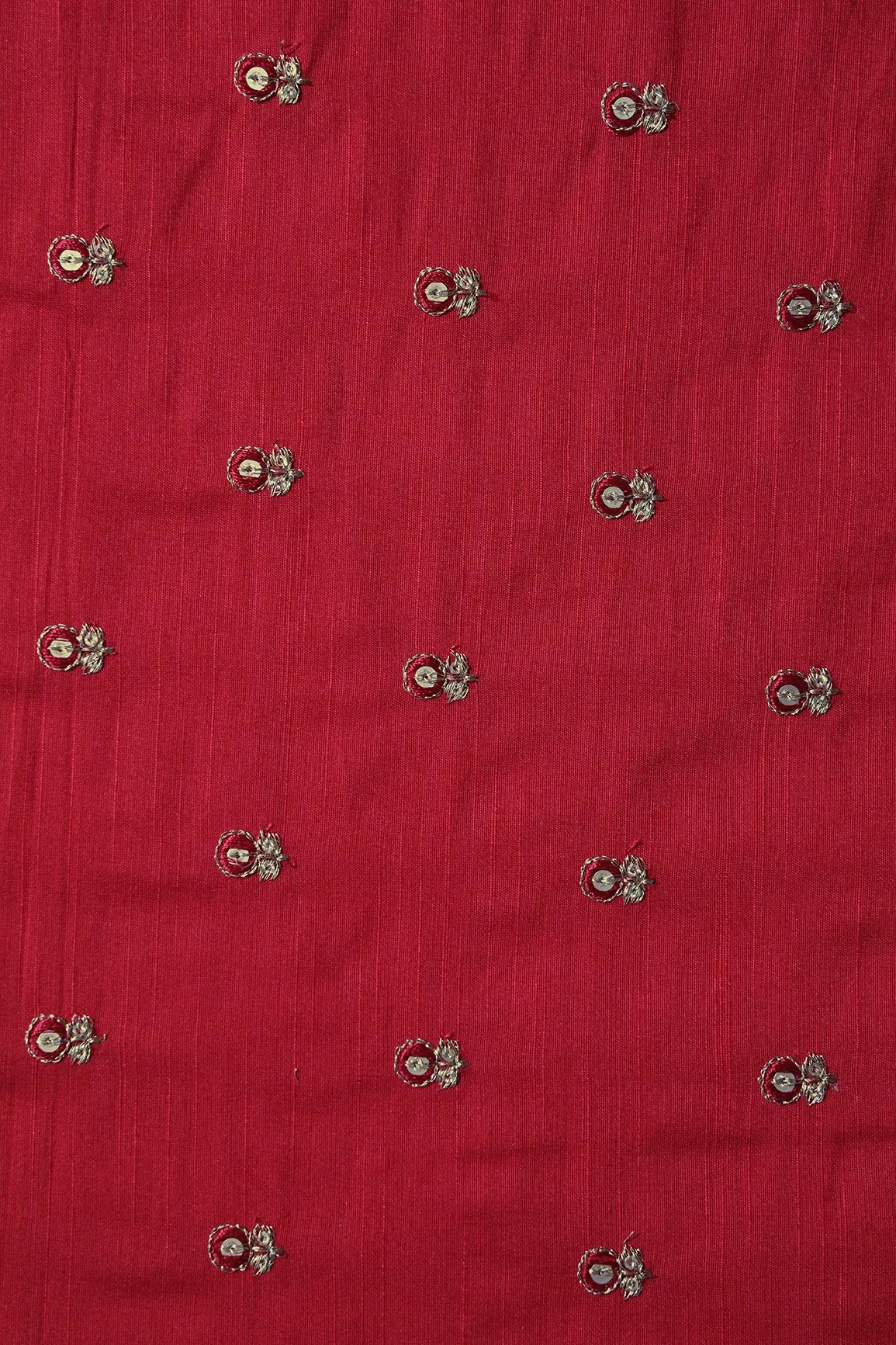 Red Thread With Gold Sequins Small Floral Booti Embroidery On Red Raw Silk Fabric