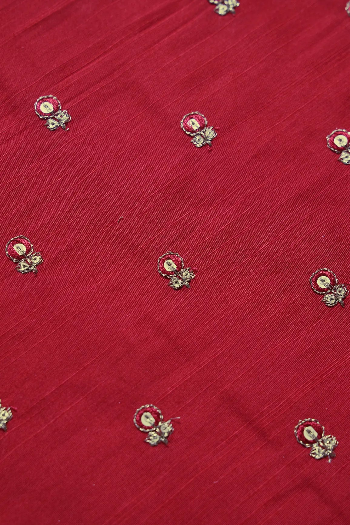 Red Thread With Gold Sequins Small Floral Booti Embroidery On Red Raw Silk Fabric