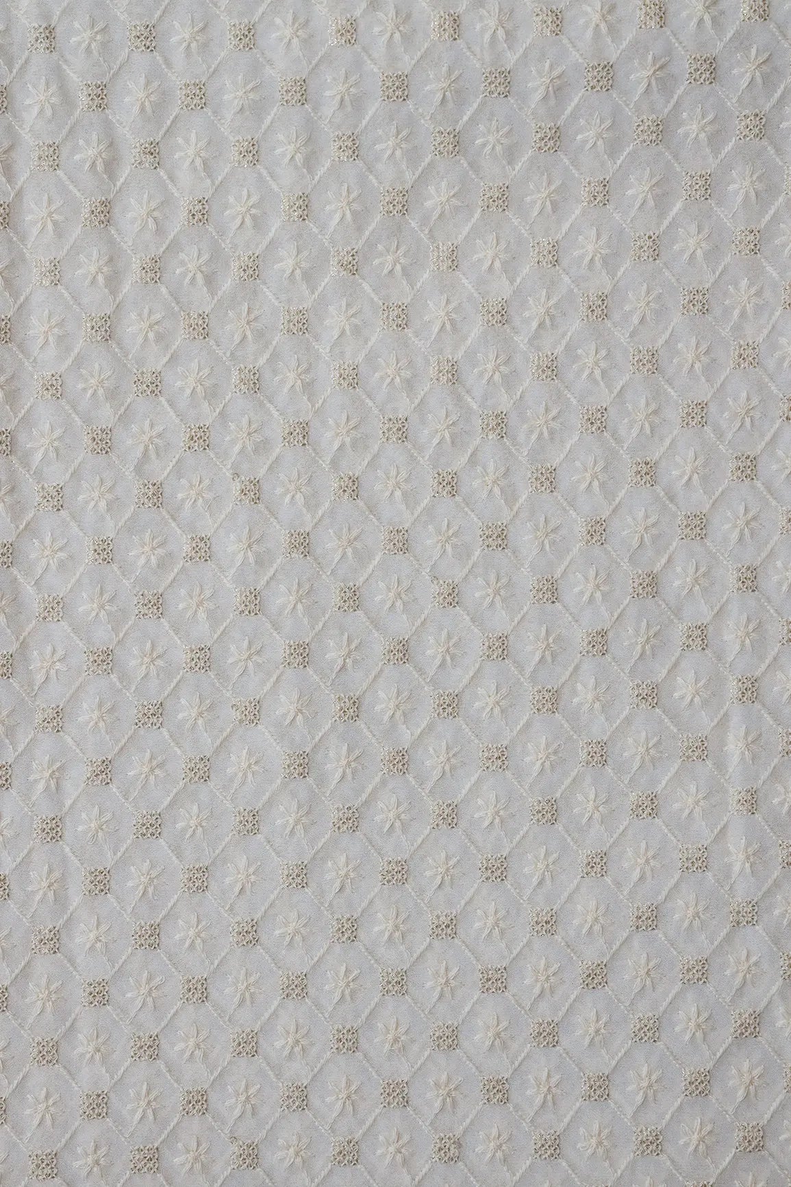 White Thread With Gold Glitter Sequins Checks Lucknowi Embroidery On Dyeable Viscose Georgette Fabric