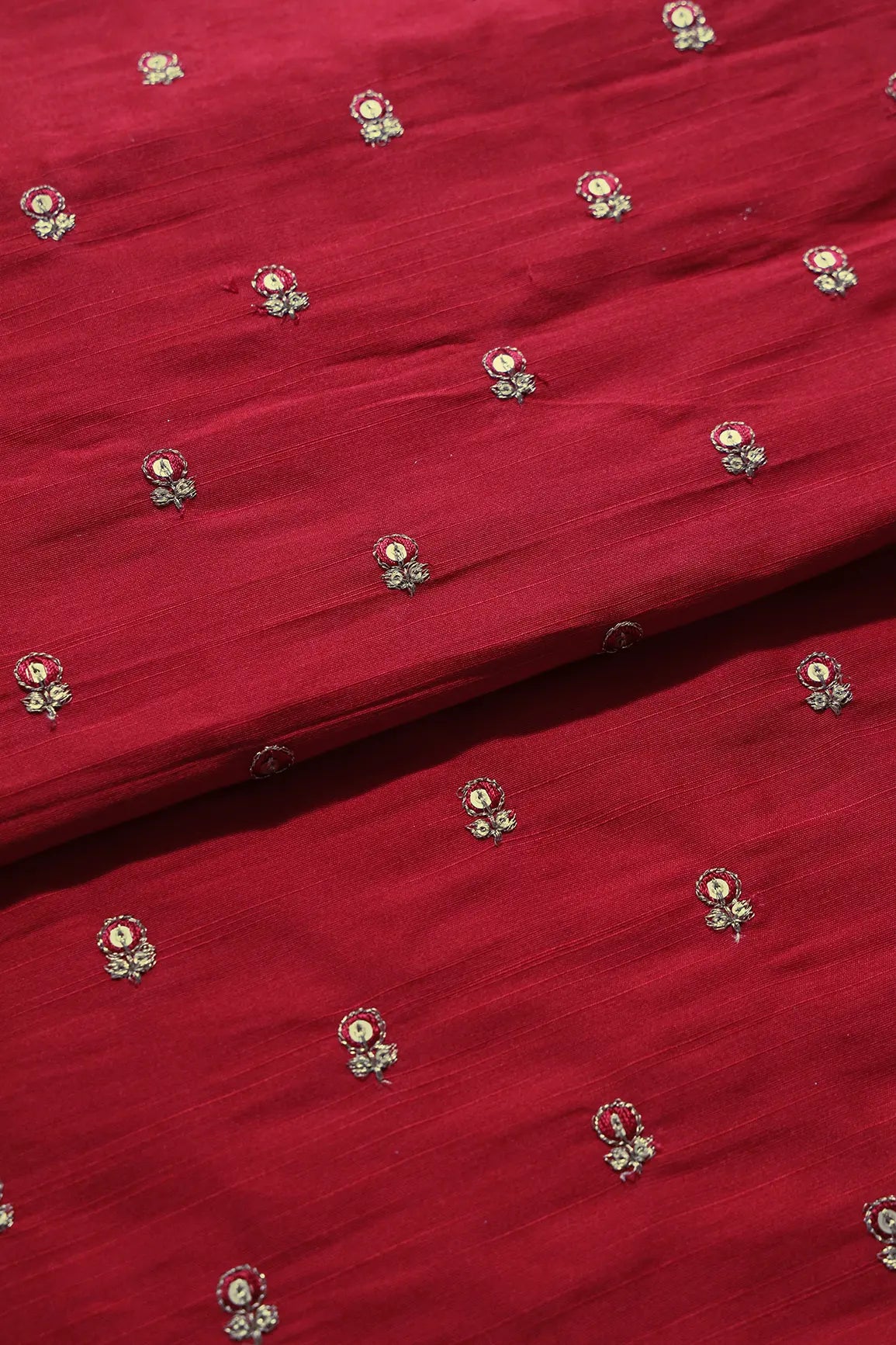 Red Thread With Gold Sequins Small Floral Booti Embroidery On Red Raw Silk Fabric